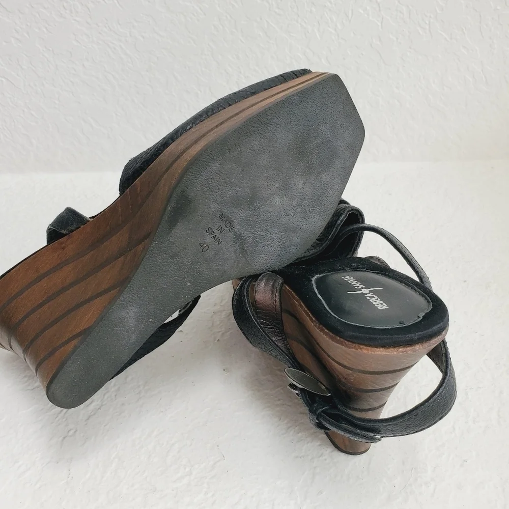 Rebeca Sanver Spain Y2K Leather Chunky Wedge Wood Platform Sandals 40EU
